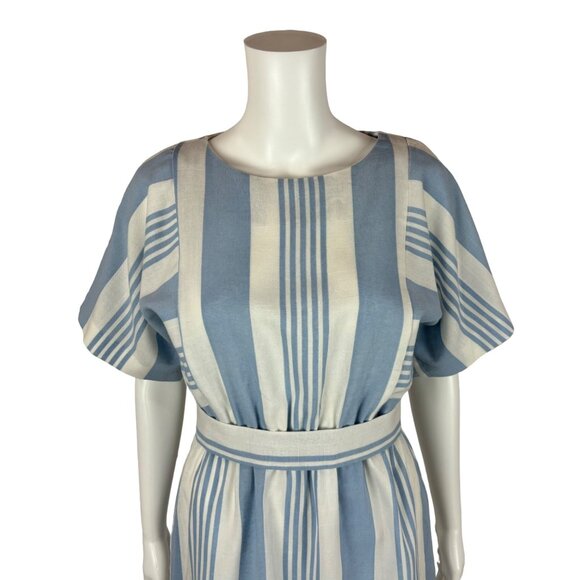Vintage 80s Striped Dress Women's XS Powder Blue Stripes Faux Linen Slouchy - Picture 4 of 10